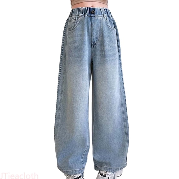 JTieacloth Girls Jeans Denim Girls Fashion Cute Personality Pants Elastic Waist Wide Leg Jeans Casual Demin Pants With Pockets,Sizes 5-6 Years