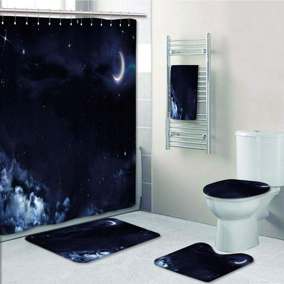 PRTAU Night Sky Nocturnal Space Scenery Romantic Crescent Moon Stars Clouds Prink 5 Piece Bathroom Set Shower Curtain Bath Towel Bath Rug Contour Mat and Toilet Lid Cover