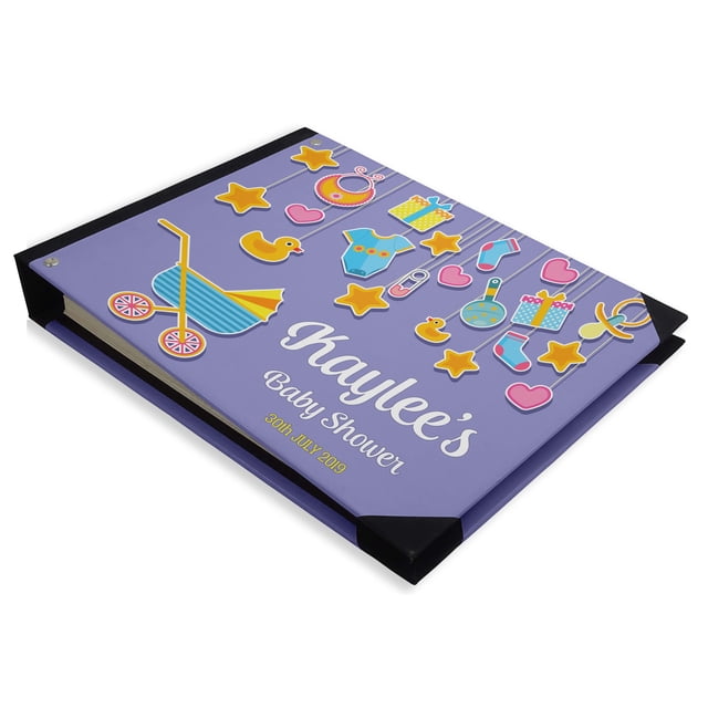 Darling Souvenir Purple Hanging Baby Objects Personalized Baby ShowerGuestBookHardboundGuestSign-InBookGuestRegistryGuestbook-9 x 12 Inches