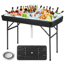 Folding Ice Cooler Table with Matching Skirt, Drain Hose & Bucket, Foldable Beverage Cooler Buffet Cooler Server, Portable Chill Table for Party, Picnic, BBQ, Camping (Black)