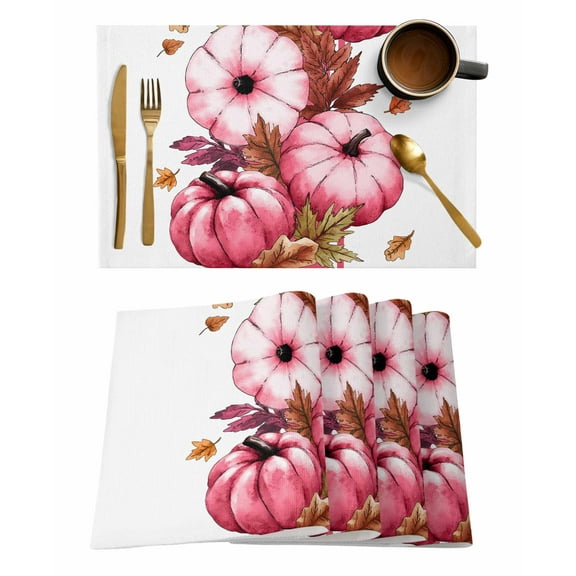 Pink Pumpkin Placemats Set of 12 Fall Thanksgiving Watercolor Maple Leaf Heat Insulation Washable Place Mats, Rustic Non-Slip Table Mats for Dining Table Party Kitchen Decor,13x19 Inch