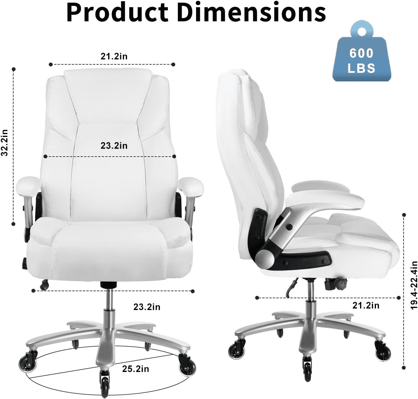BOSSIN 600lbs Big and Tall Office Chair with Flip up Armrest, Large Heavy Duty with Ergonomic Lumbar Support, Executive Office Chair for Heavy People with Quiet Rubber Wheel(White)
