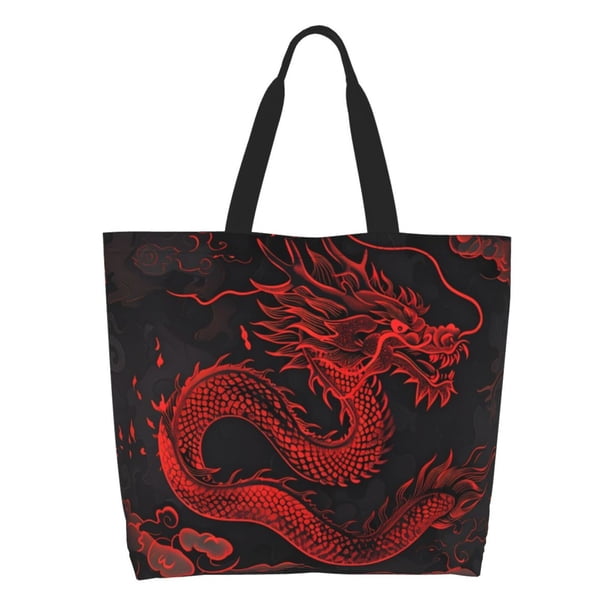 Fotbe Red Dragon On Black Bolsa Tote Estética de Lona con Estampado para Mujer - Bolsa Reutilizable de Hombro Casual para Vacaciones, Compras, Trabajo y Gimnasio