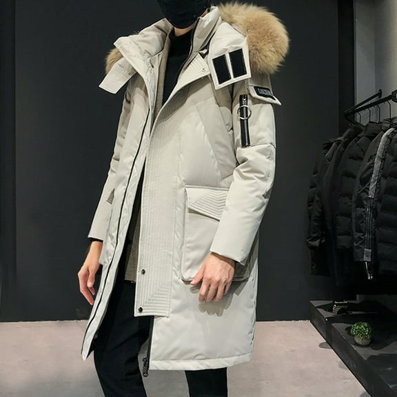 Xuniizn Puffer Jacket Men, Mid Length Multi Pockets Fleece Collar Detachable Hooded Down Parka Jackets, Thick Insulated Soft Comfy Winter Outdoor Ski Windbreaker Coats