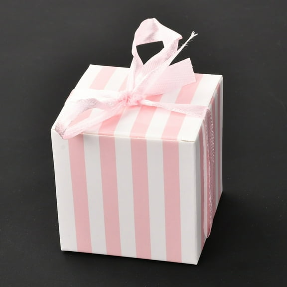 Square Foldable Creative Paper Gift Box Stripe Pattern with Ribbon Decorative Gift Box for Weddings Pink 55x55x55mm