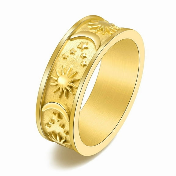 8mm 14K Yellow Gold Moon Star Sun Ring for Women Men Couples Rings Lovers Jewelry Creativity Gift