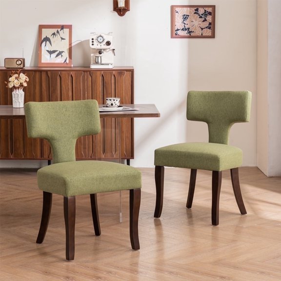 ENYLAY Mid Century Modern Wooden Dining Chairs Set of 2 , Linen Upholstered Armless Wooden Chairs with Curved Backrest for Farmhouse Kitchen/Dining Room (Green)