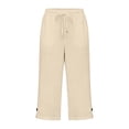 thumbnail image 6 of Petite Capris for Women with Pockets Linen Lightweight Dressy Casual Wide Straight Leg Elastic Waist Cropped Pant Summer Pull on Ladies Palazzo Capri Pants Beige L, 6 of 8