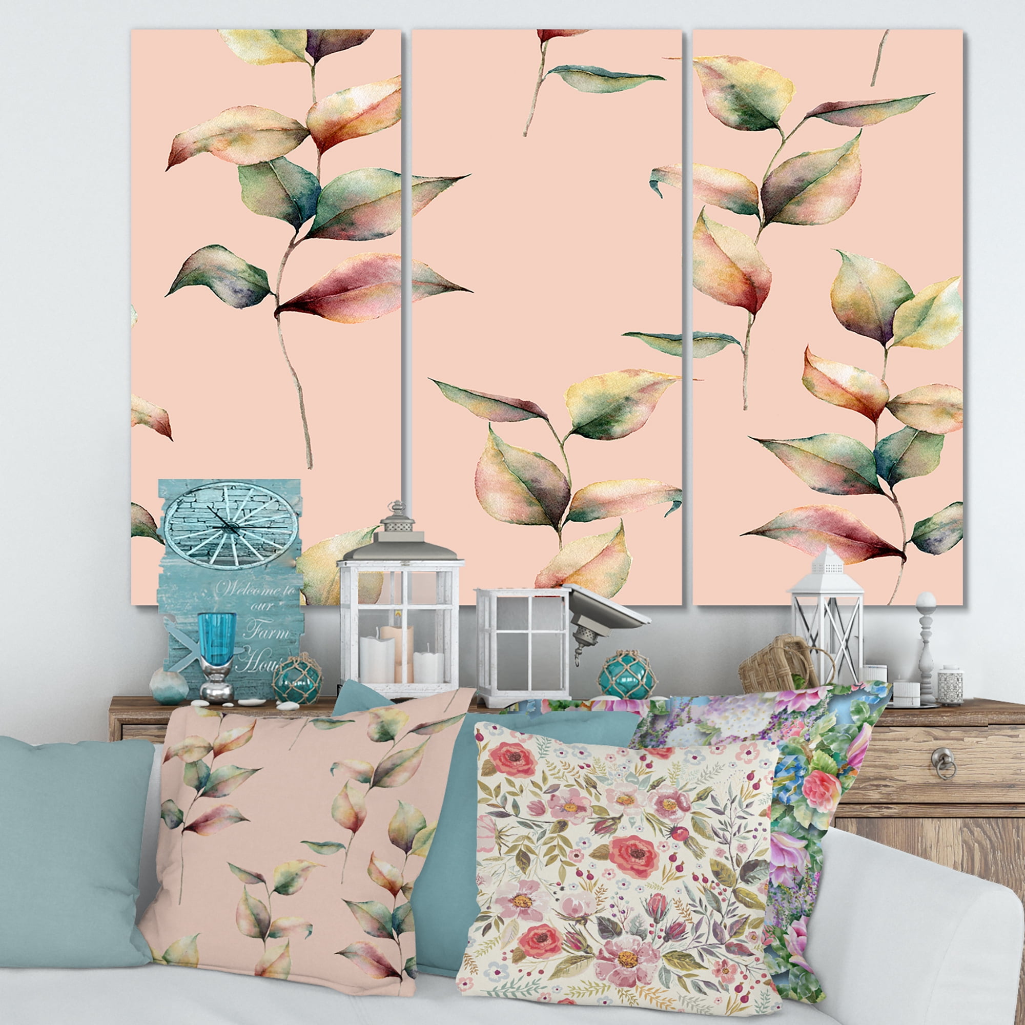 Designart ' Autumn Pink Leaves with Branch On Pastel Colors ' Traditional Canvas Wall Art Print