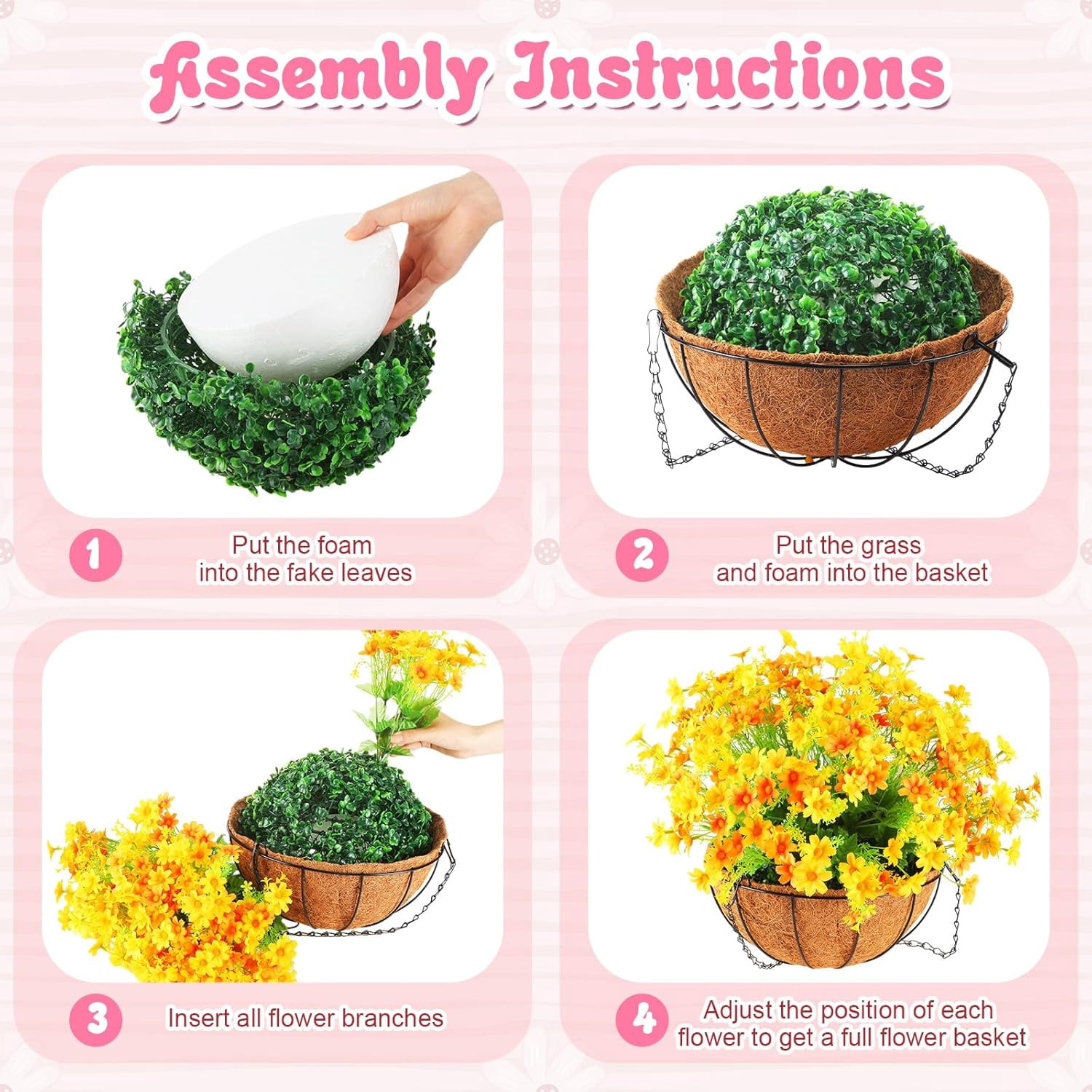 4 Pack Artificial Hanging Flowers in Basket Artificial Daisy Arrangement with 12 Inch Coconut Lining Realistic Artificial Hanging Plants for Outdoor Indoor Patio Lawn Garden Porch Decor