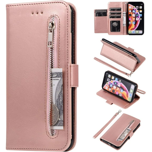 Wallet Case for iPhone XR, 5 Card Slots Magnetic Closure Zipper Pocket Handbag PU Leather Flip Case with Wrist Strap TPU Kickstand Cover for iPhone XR - Rose Gold
