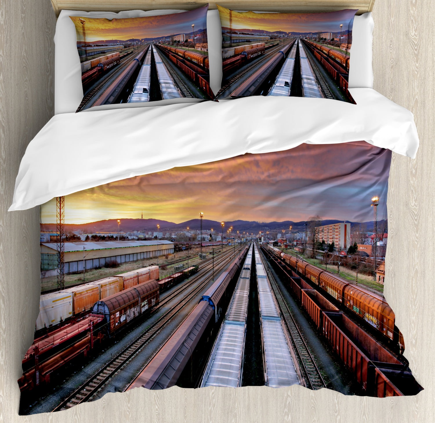 Train Track Duvet Cover Set, Cargo Railroad Industry Themed Photo at