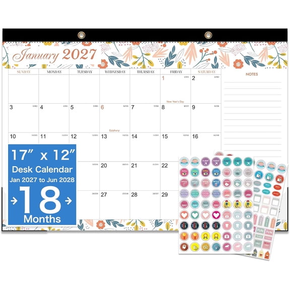 2027-2028 Floral Desk & Wall Calendar, 18 Month Calendar Jan 2027 - Jun 2028, 17" x 12" Large Monthly Calendar for Home Office