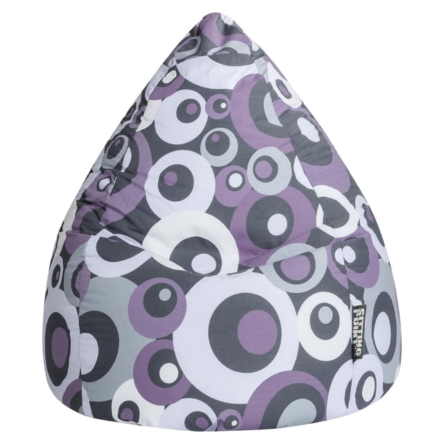 Lilac and gray patterned cotton bean bag chair filled with polystyrene beads, lightweight and portable for bedroom or dorm use.