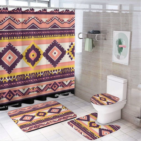 Bohemia Shower Curtain Set 4PCs with Hooks Waterproof Bathroom Toilet Mat Lid Decor