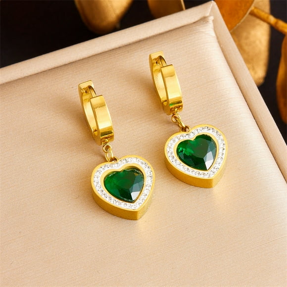 SPEKSEE Heart Dangle Hoop Earrings for Women 14K Gold Plated Love Heart Green Zircon Huggies Earrings Hypoallergenic Trendy Minimalist Jewelry