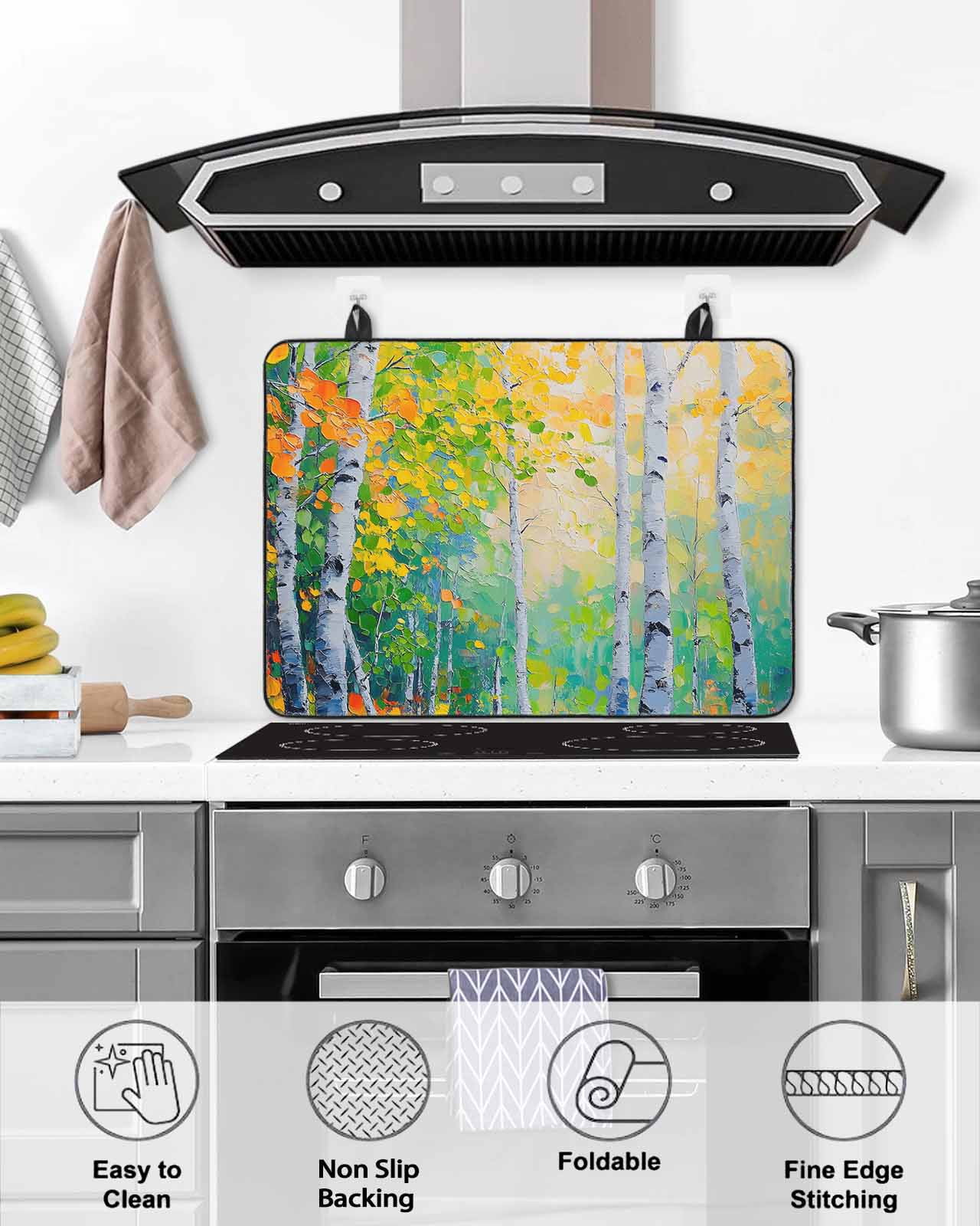 nqOlkjepod Large Induction Cooktop Protector Mat 24"x21", Modern Oil Painting Stove Top Covers for Electric Stove, Green Yellow Leaves Trees Pastoral Stove Burner Cover Mats, Glass Top Stove Cover