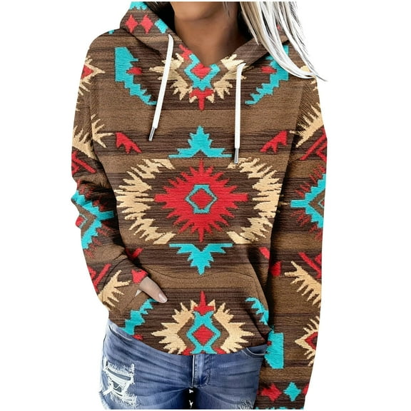 Geometric Print Western Aztec Hoodies for Women Pullover Casual Ethnic Style Long Sleeve Loose Retro Hooded Sweatshirt Tops