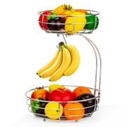 Auledio Houseware 2 Tier Fruit Basket with Banana Hanger, Fruit Bowl for Kitchen Counter, Hanging Storage Baskets for Organizing, Detachable,Silver