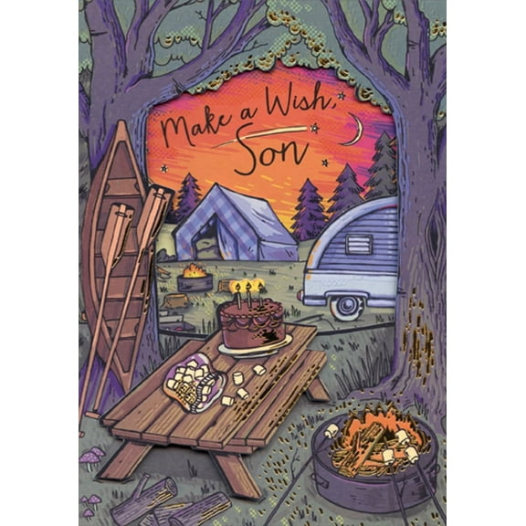 Designer Greetings Camper, Tent, Table, Fire and Canoe Die Cut Window Tri Fold Birthday Card for Son