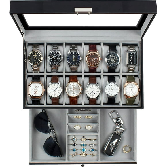 12 Slot Watch Box, Watch Display Organizer, Leather Jewellery Case Drawer for Men Birthday