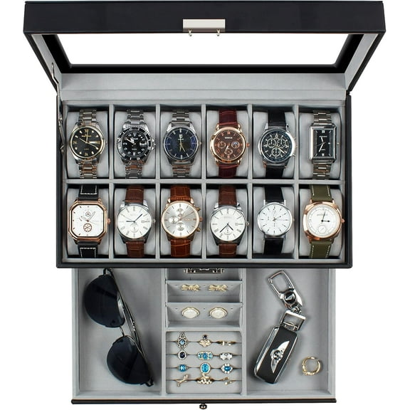 12 Slot Watch Box, Watch Display Organizer, Leather Jewelry Case Drawer for Men Birthday