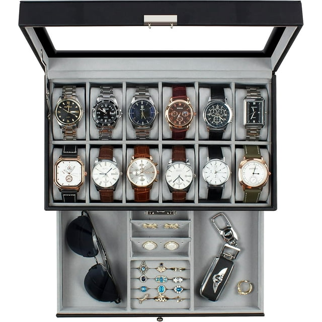 12 Slot Watch Box, Watch Display Organizer, Leather Jewellery Case Drawer for Men Birthday