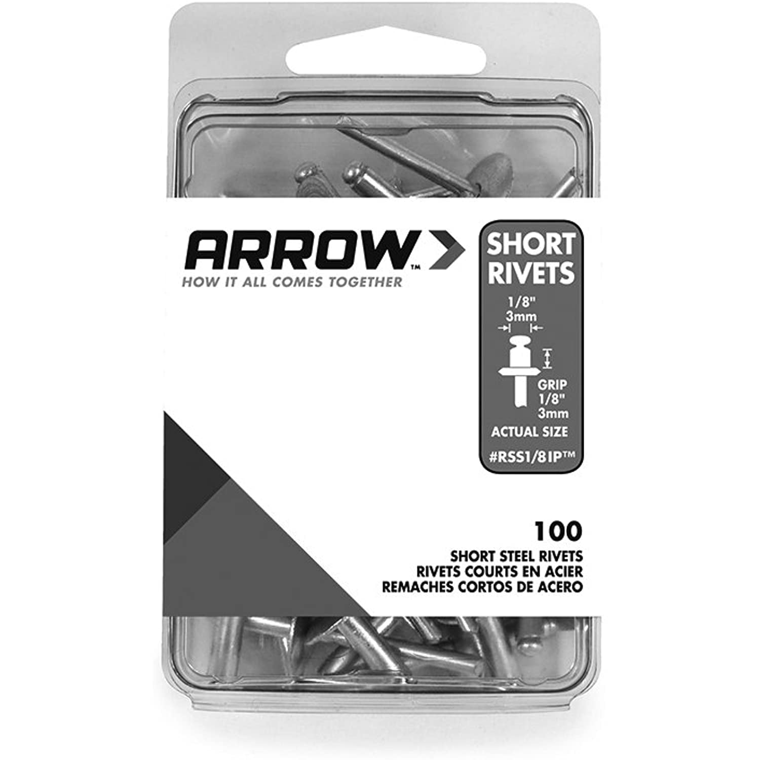 100-Pack Arrow Fastener RSS1//8IP Short Steel 1//8-Inch Rivets