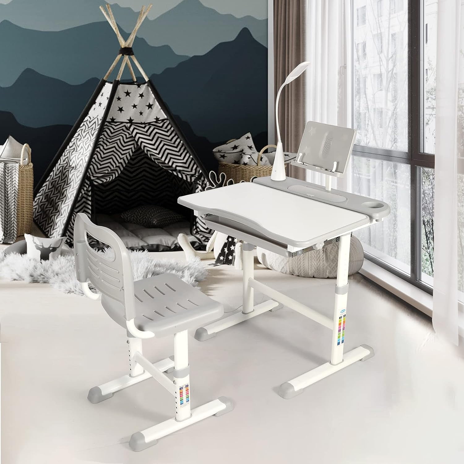 REDCAMP Kids Study Desk and Chair Set, Height Adjustable Children School Table Chair with Storage Drawer, Led Light, Bookstand, Cup Holder, Bithday Gift for 3-15 Years Boy and Girl