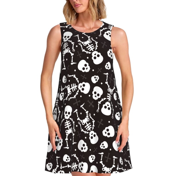 Fotbe Skeleton Vestido de Verano sin Mangas para Mujer – Vestido Midi Línea A, Estilo Camiseta Floral, Vestido Playero Casual y Fluido
