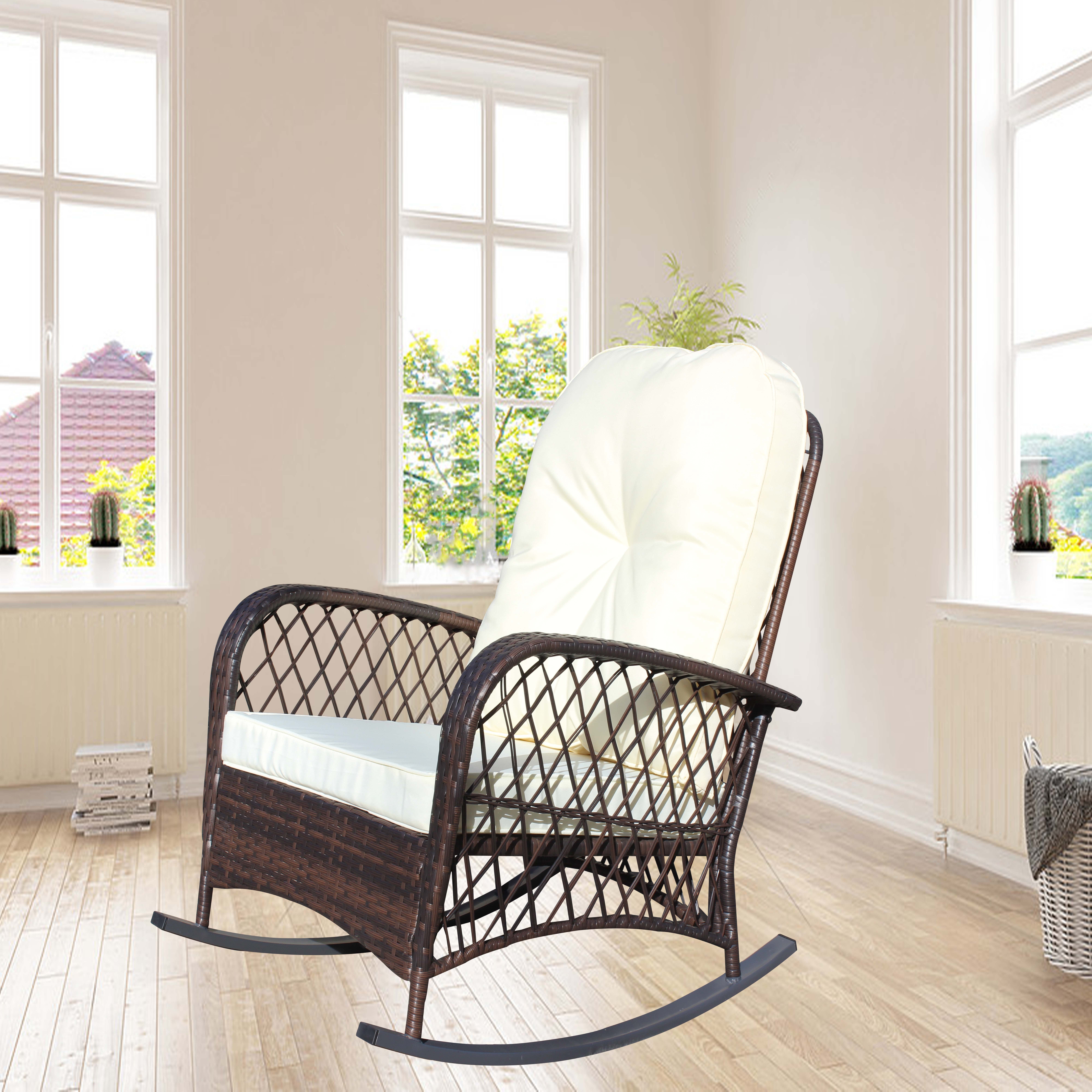 Wicker Outdoor Rocking Chair, Wide Seat Thick Cushion Steel Frame Rattan Rocker for Patio Garden Backyard Relax Area, Beige