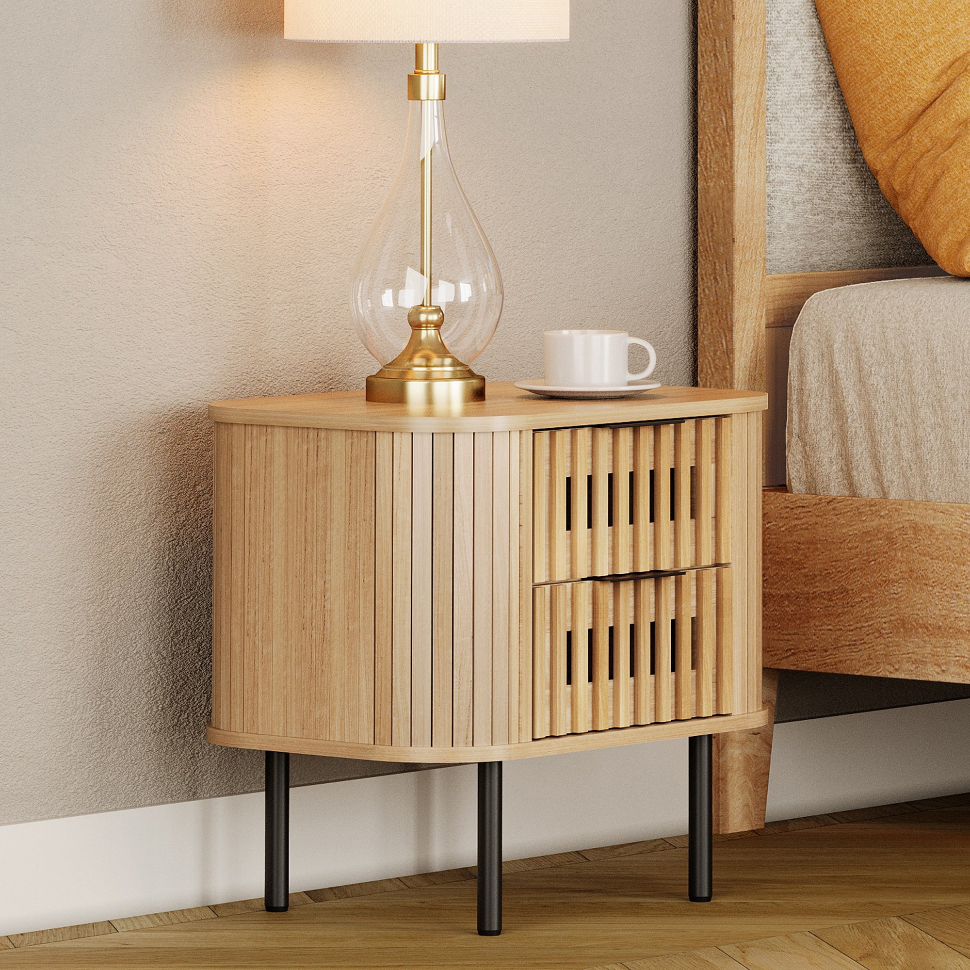 WAMPAT Fluted Nightstand for Bedroom, Small Side Table with 2 Drawers for Living Room, Oak