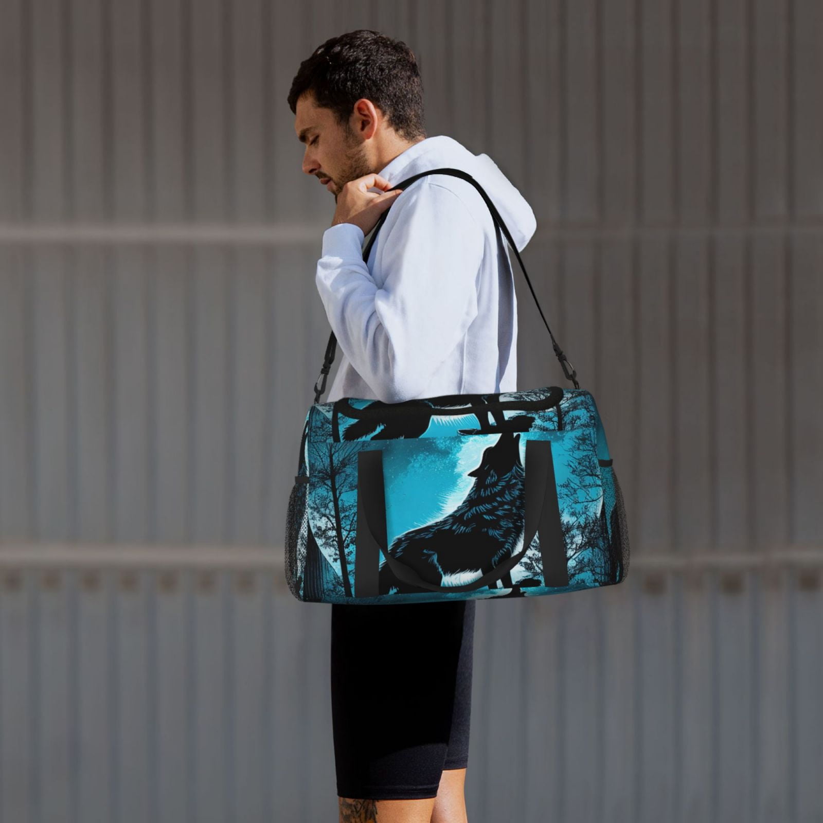 Kuqiui Blue Full Moon Wolf Print Foldable Travel Duffel Bag Tote Carry on Luggage Bag Personal item Sports Gym Bag Water Resistant Weekender Overnight Bags for Women and Men