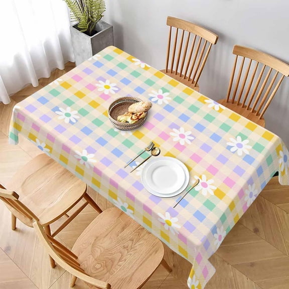 Verolix Daisy Floral Tablecloth 60 x 84 Inch Rectangular, Pastel Gingham Waterproof Table Cover, Colorful Decorative Table Cloth for Dining Kitchen Party Indoor Outdoor