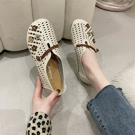 

casual shoes for Women Womens Shallow Mouth Round Toe Hollow Flower Women Shoes Comfortable Lightweight Flat Casual Shoes PU Dress Sandals for Women Beige