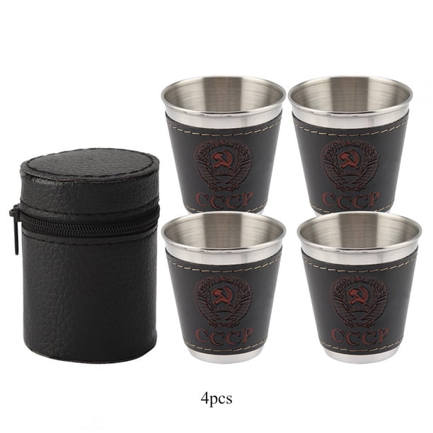 Mini copas de vino portátiles de acero inoxidable de 70 ml con funda de cuero para viajes y picnics.