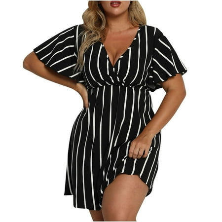 

YanHoo Women s Waisted Stripes Printed Swing Dresses Summer Short Sleeve Sexy Deep V Neck Short Dress Plus Size Loose Mini Dress