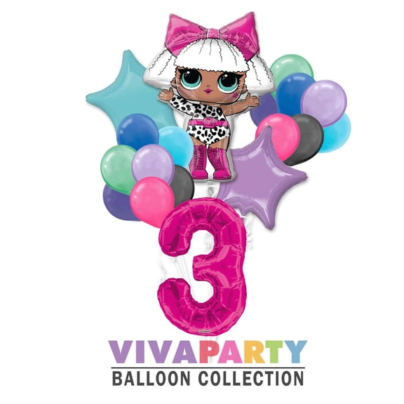 LOL Round Balloon Bouquet 18 pc, 3rd Birthday, Hot Pink Number 3 Jumbo Balloon | Viva Party Balloon Collection