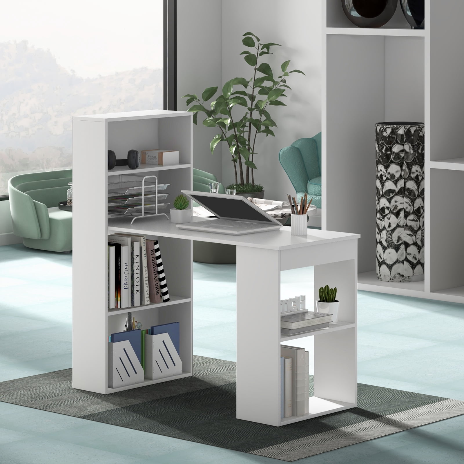 Topbuy 48 Inch Computer Desk with Bookshelf 3-in-1 Home office Desk with 4-Tier Bookcase & CPU Stand Space-saving Reversible Writing Desk White