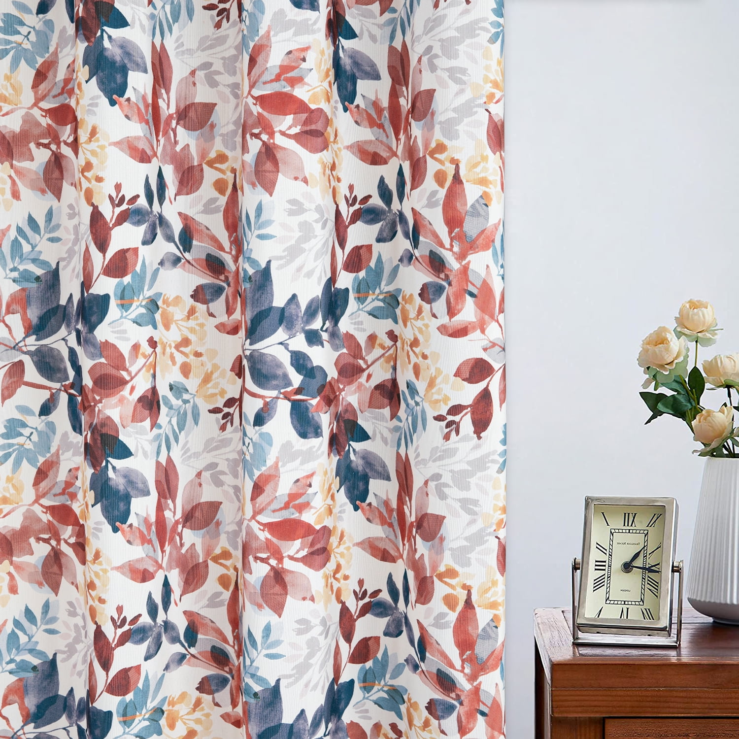 VOGOL Multi Color Leaves Print Bedroom Curtains, Farmhouse Print Room Darkening Grommet Decor Drapery for Living Room, 2 Panels, 52 x 63