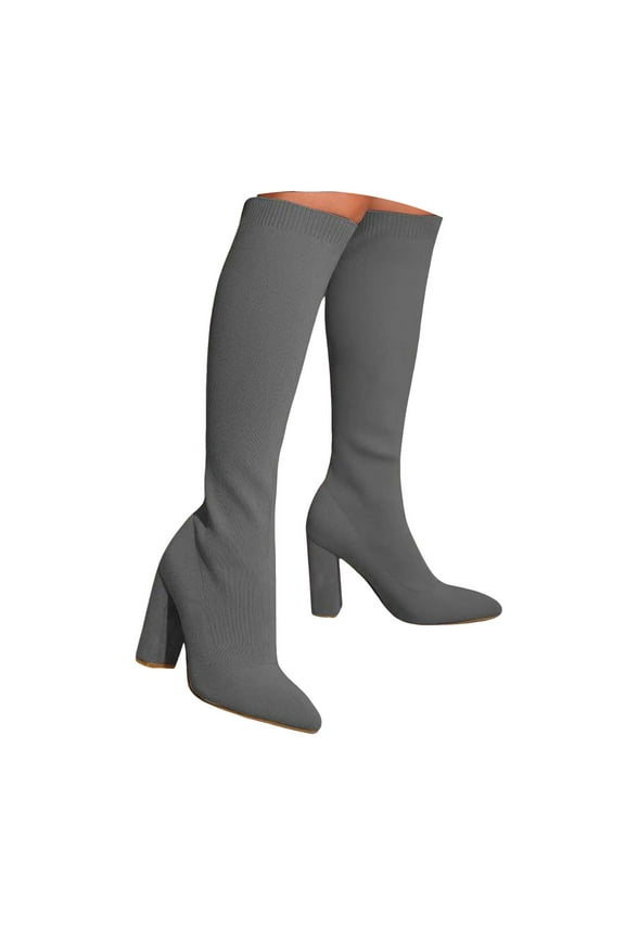 Womens Knit Mid Calf Boots Elastic Pull on Sock Boots Pointed Toe Heeled Pumps