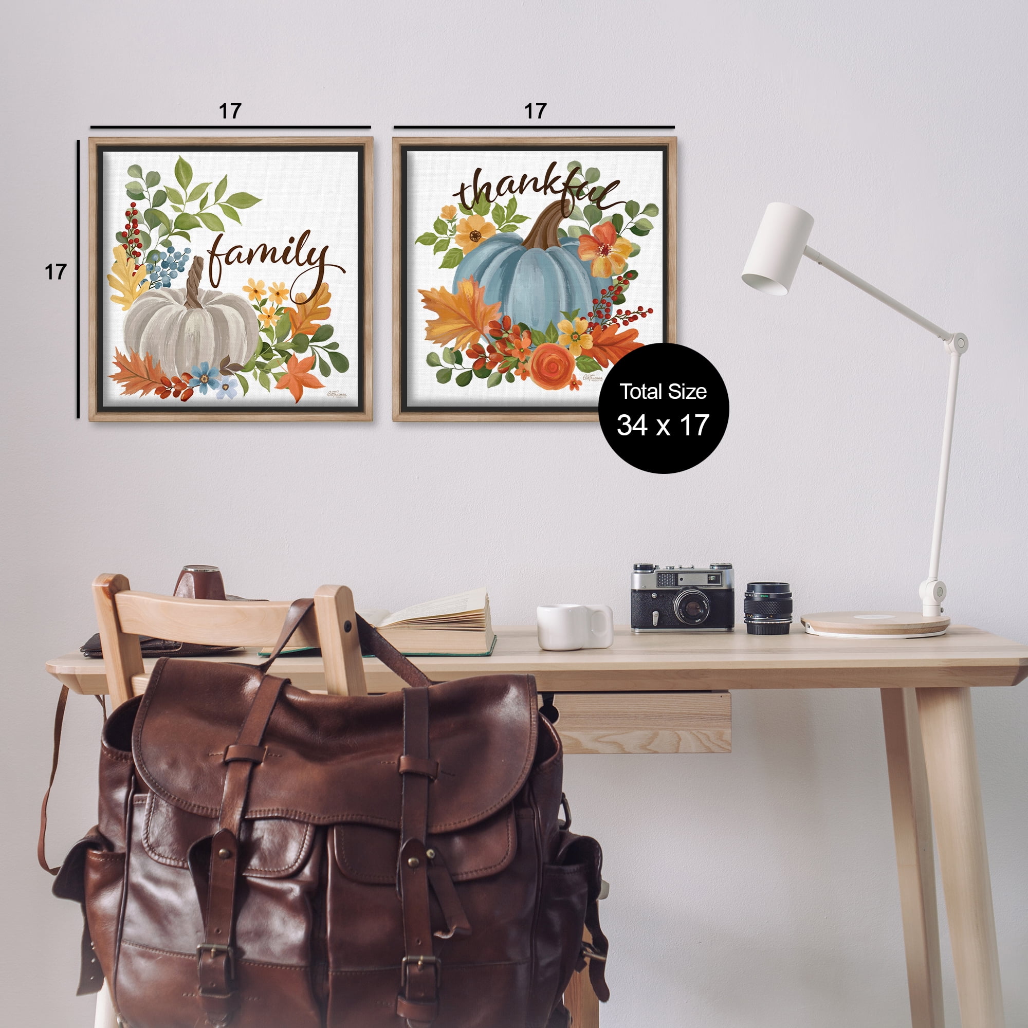 Stupell Industries Family Thankful Fall Pumkin Botanical & Floral Painting Brown Floater Framed Canvas Art Prints Wall Art, 18 x 18, Set of 2