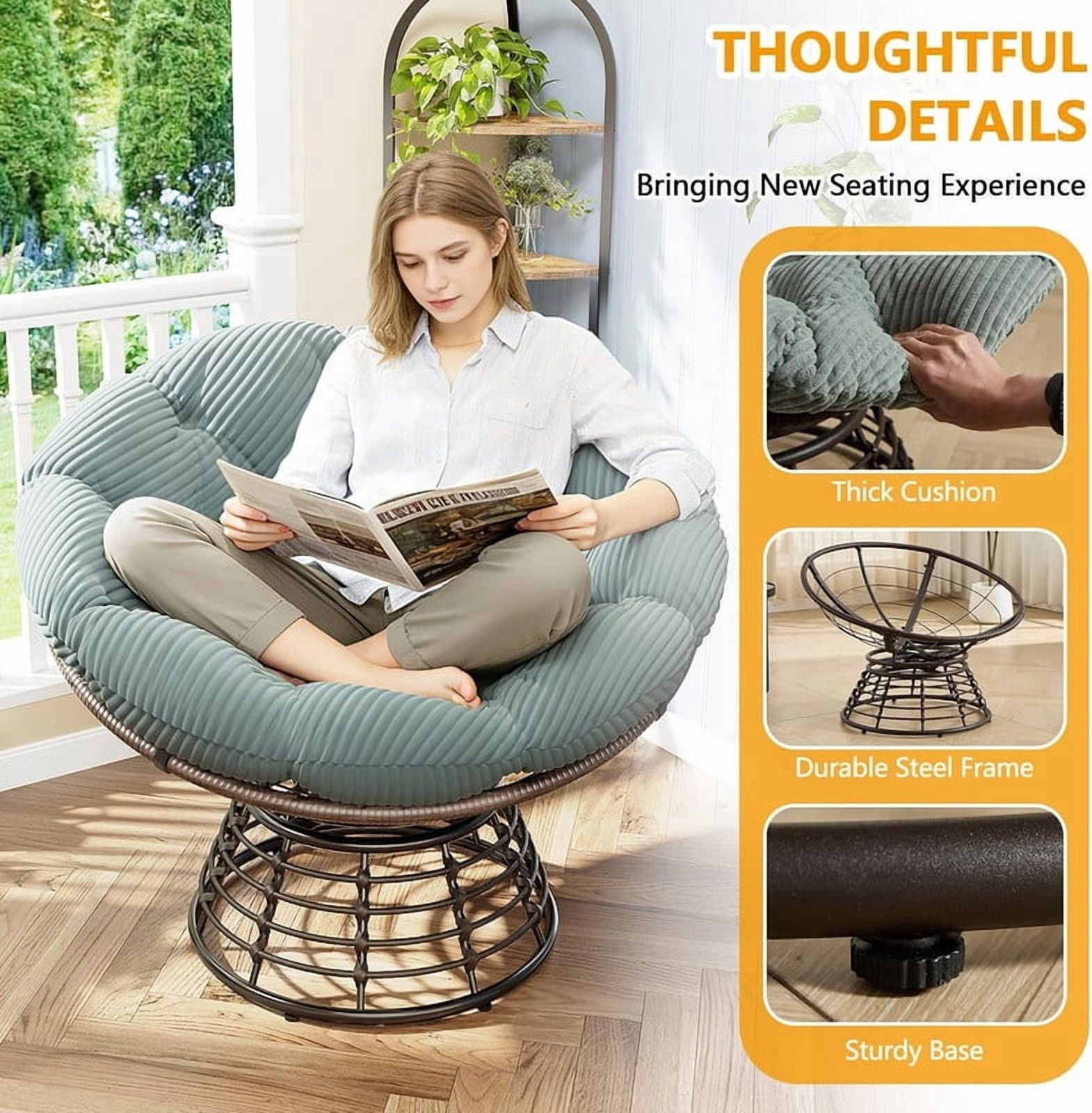 Ergonomic Wicker Papasan Chair, 360° Swivel Chair with Soft Thick Cushion for Living Room, Bedroom, Reading Room