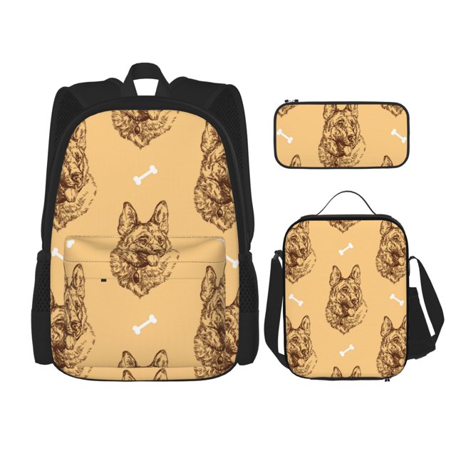 Fotbe German Shepherd Dog Set Escolar 3 en 1 para Niños - Mochila Duradera con Lonchera Aislante y Estuche para Lápices - Mochila Escolar para Niños y Niñas