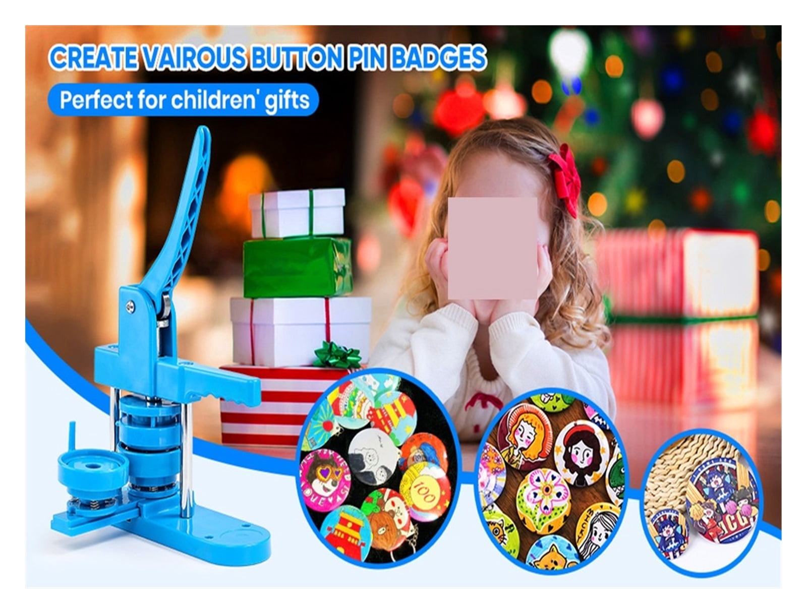 25+32+58MM Blue Badge Button Maker Machine, DIY Pin Badge Press Making Machine With 300Pcs Button Parts+3 S+3 Circle Cutter