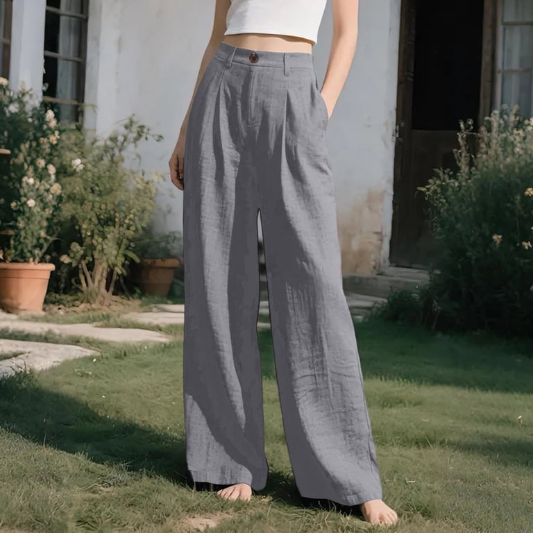 ladies lined dress pants ctdiral Womens Cotton Linen Dress Pants High Waist Wide Leg Pants Solid  Color Straight Trousers with Pockets Summer Office Work Pants Gray S