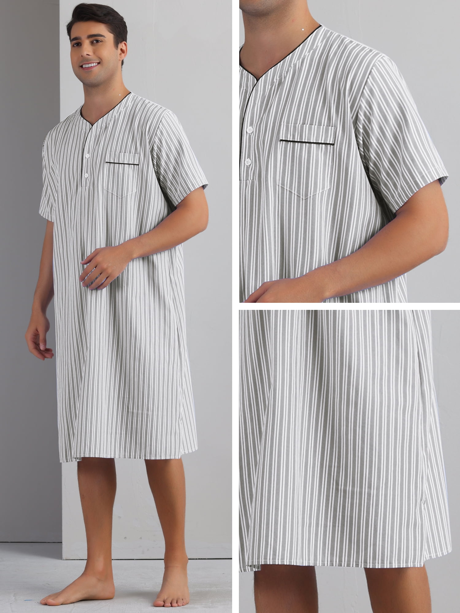 DARING DIVA Men's Short Sleeve Striped V-Neck Button Down Sleep Gown L Gray