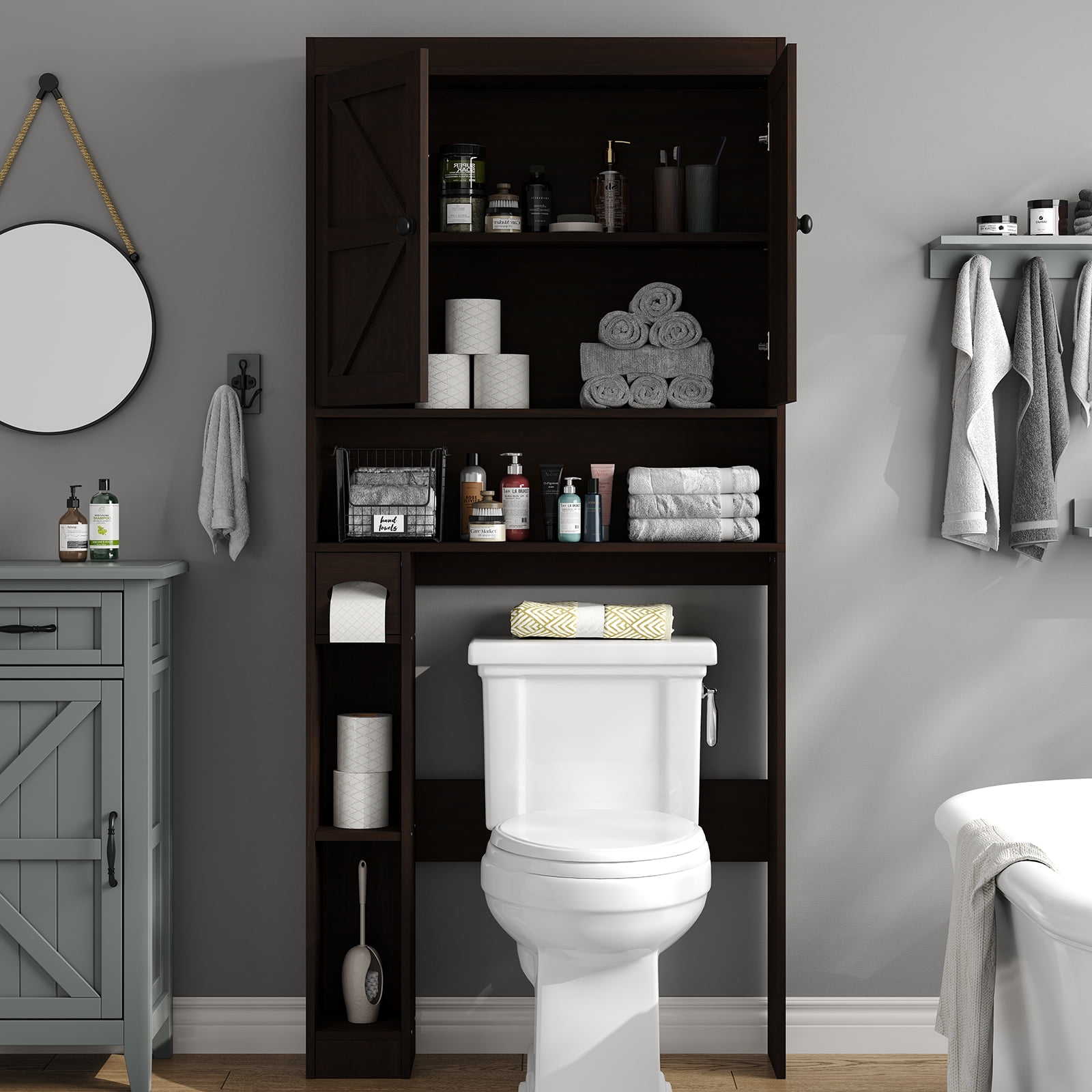 Furnihold 32.3''W Over The Toilet Storage Cabinet with Barn Doors Farmhouse Bathroom Cabinet Over Toilet, Espresso