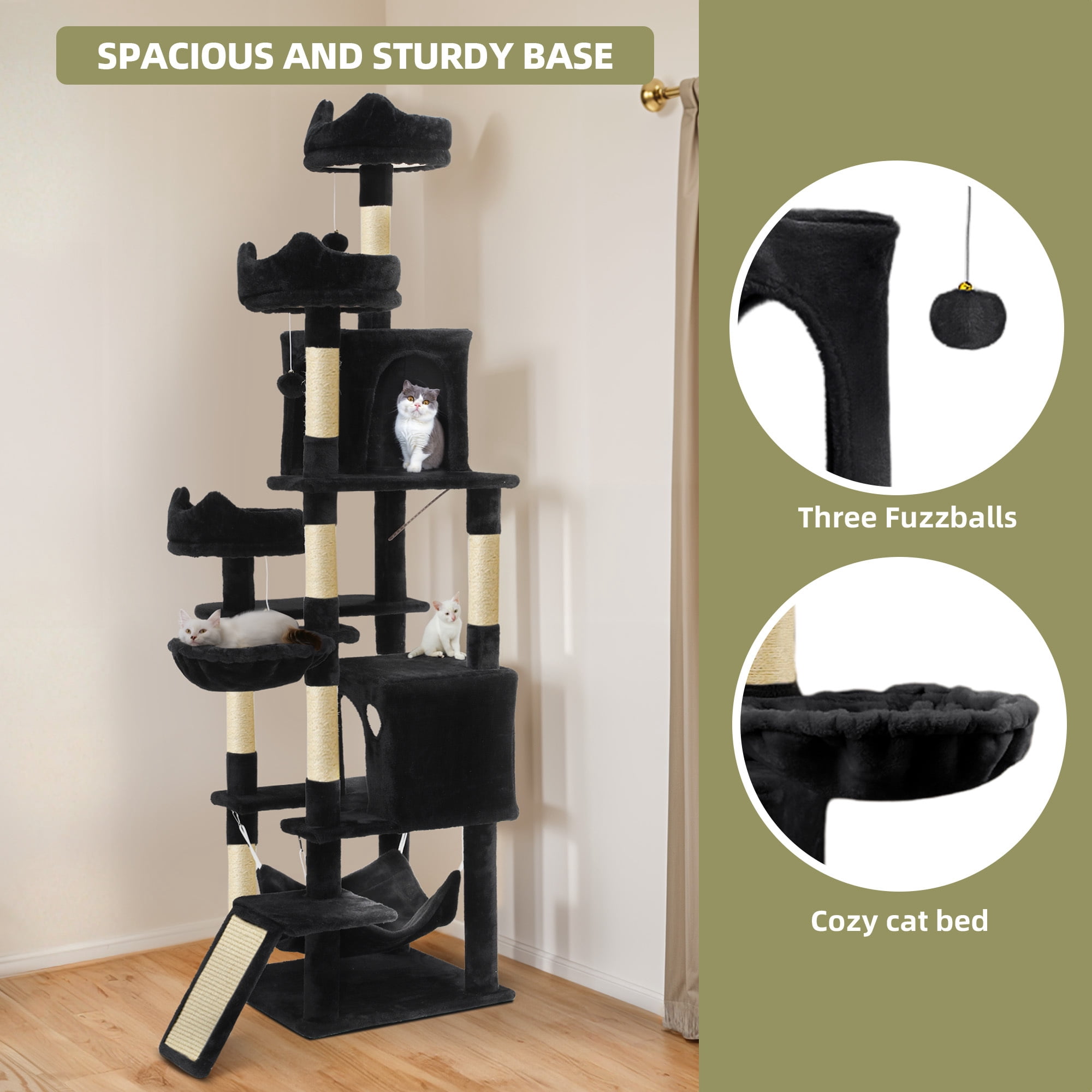Uforic 75" Cat Tree for Large Cats Multi Level Play Tower Condo with Scratching Posts, Top Perches, Hammocks, Black
