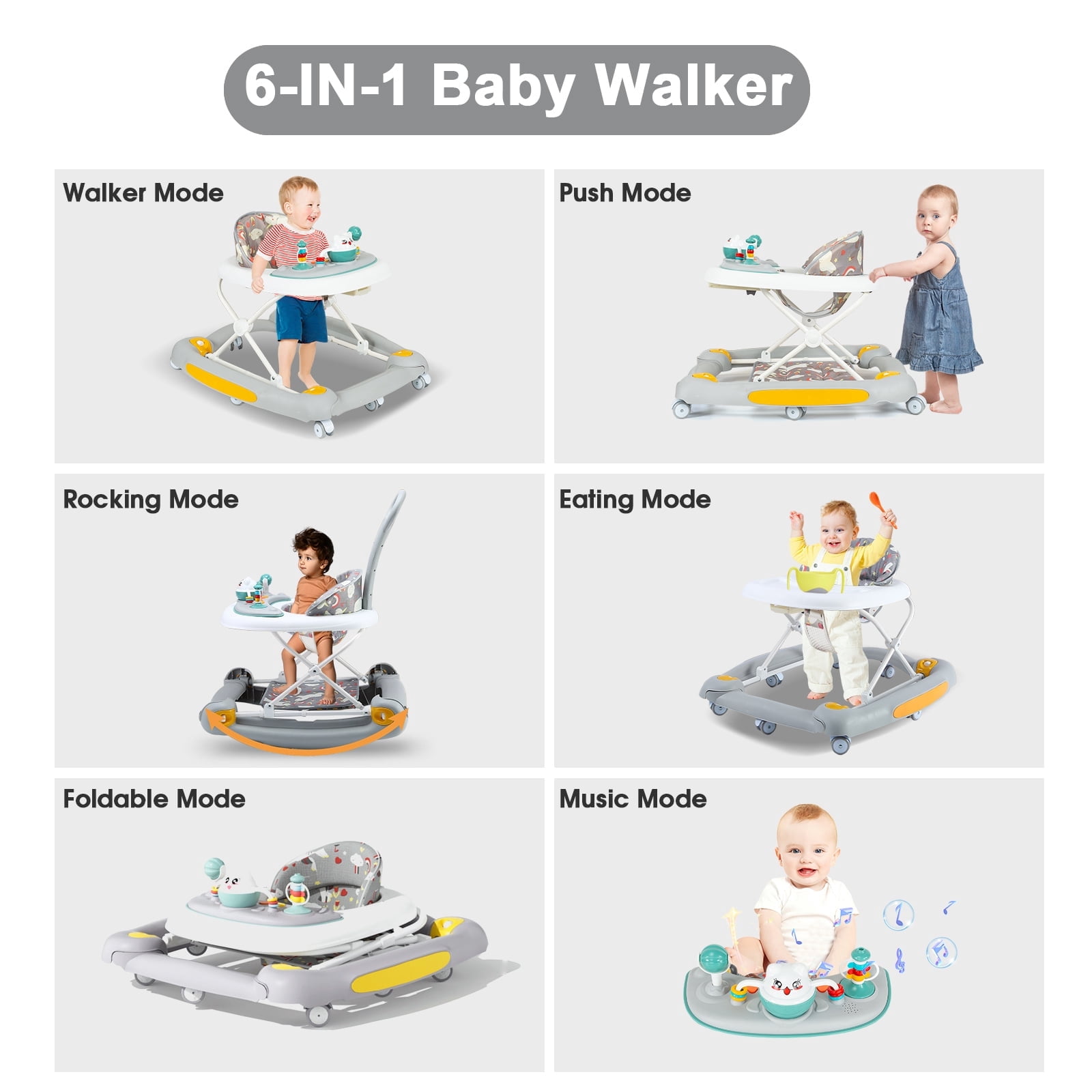 YYuan 4-in-1 Infant Walker with Music and Play Toys, Compact Folding Baby Walker with Wheels for Boys and Girls,Grey